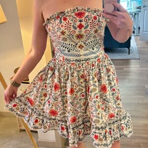 Anthropologie Maeve Strapless Embroidered Fit & Flare Mini Dress Floral Boho